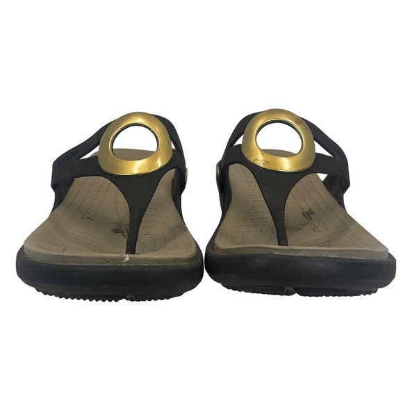 Crocs Sanrah Women's 10 Black Gold Circle Wedge Flip Flop Sandals Comfort - Picture 5 of 6